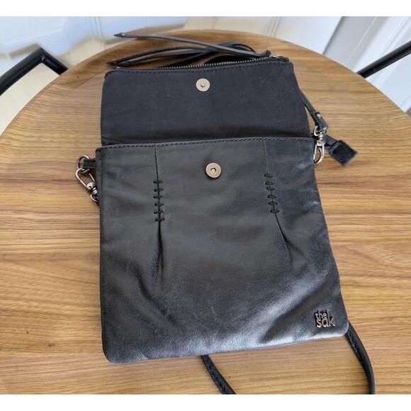 THE SAK Flap Small Messenger Black Leather Crossbody Handbag Boho Studded Biker - Picture 10 of 17